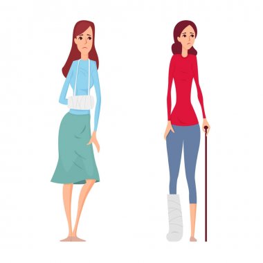 Young woman broken hand and leg vector illustration clipart