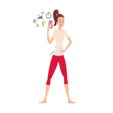 Kilo kaybı için uygulama kullanan kadın kendini bir smartphone cep telefonu ile çekiyor.