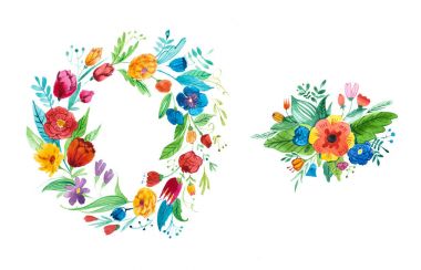 Aquarelle çizilmiş bahçe çiçekleri parlak rustik coronet çizim