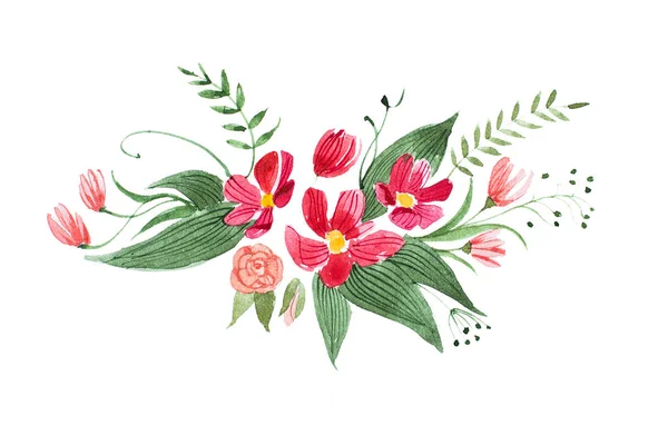 Aquarelle drawing of pretty little bouquet made of various red, purple and pink flowers and leaves isolated on white background — Stock Photo, Image