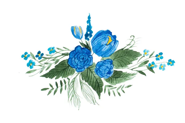 Acuarela ilustración de composición floral hecha de flores y hojas silvestres azules dibujadas a mano —  Fotos de Stock