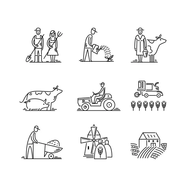 Línea iconos agricultura y agricultura Agronomía símbolos, personas, animales, campo agrícola, equipos agrícolas, transporte de tractores — Vector de stock