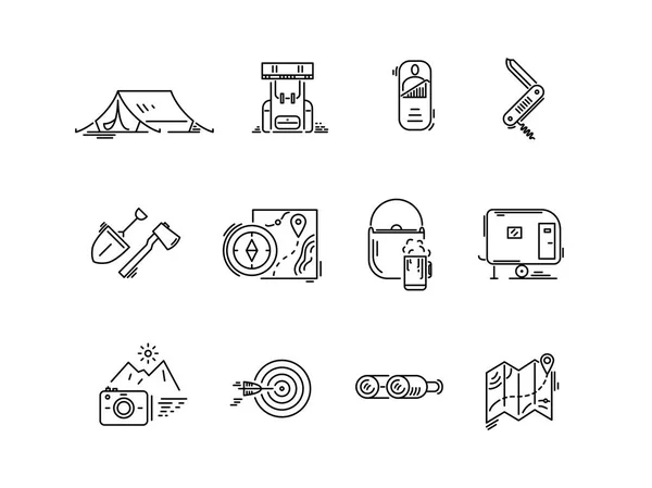 Icônes de ligne ensemble de tourisme de randonnée, camping . — Image vectorielle