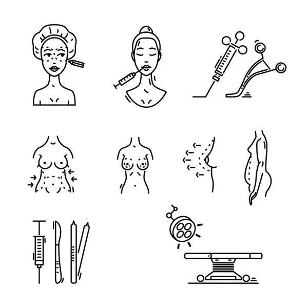 Iconos de línea cirugía plástica, medicina estética, procedimiento cosmético . — Vector de stock