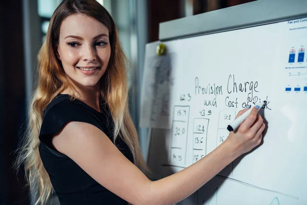 Portrait of young female leader writing on whiteboard explaining new strategies during the conference in an office — Stock Photo, Image