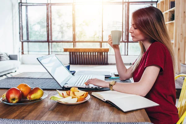 妇女坐在餐桌上的厨房和工作与笔记本电脑 — 图库照片
