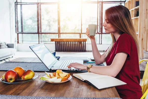 Mulher sentada à mesa na cozinha e trabalhando com laptop — Fotografia de Stock