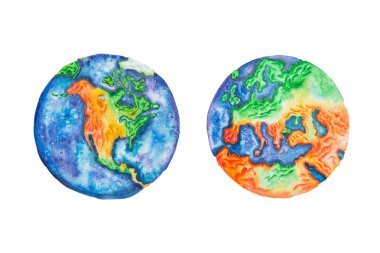Küre. Planet Earth Kuzey Amerika ve Avrupa mainlands ve kıta suluboya çizimi.