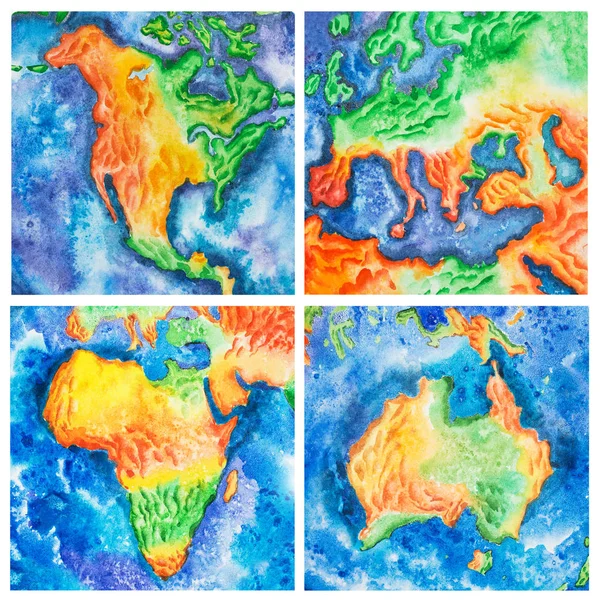 Mapa. Ilustração aquarela da Austrália África América Europa Continentes, continentes . — Fotografia de Stock