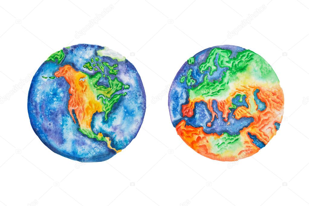 Globe. Watercolor illustration of planet Earth North America and Europe mainlands and continents.