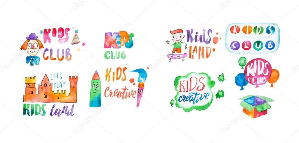 Hand-drawn watercolor logo set for kids club. Collection of promotional symbols for playground and entertaining center for children