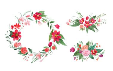 El suluboya çiçek aksesuarları, kır çiçekleri diadem ve yaka çiçeği beyaz zemin üzerine çekilmiş