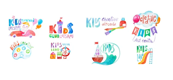 Conjunto de coloridos niños club cuidado y centro de educación símbolos dibujados con técnica aquarelle —  Fotos de Stock