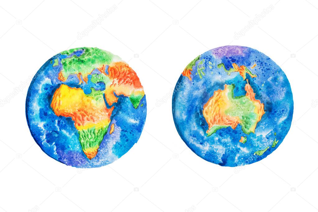 Globe. Watercolor illustration of planet Earth Africa and Australia continents.