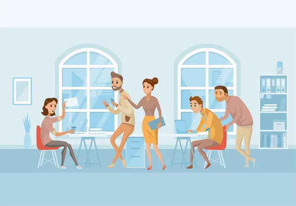 Coworking center. Üzleti ember dolgozik, és beszél a Hivatal — Stock Vector