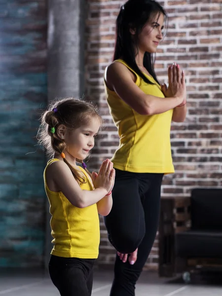 Mother and daughter wearing sports clothing practicing yoga together meditating standing on one leg with hands in prayer position in loft apartment — Stock Photo, Image