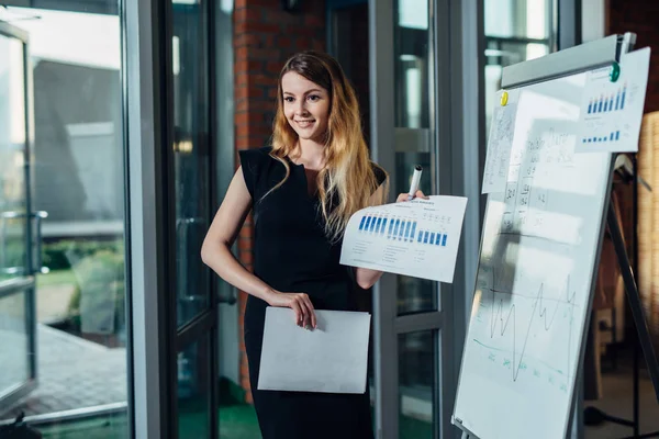 Porträtt av ung kvinnlig entreprenör bär formell klänning holding den finansiella rapport stående på kontoret — Stockfoto