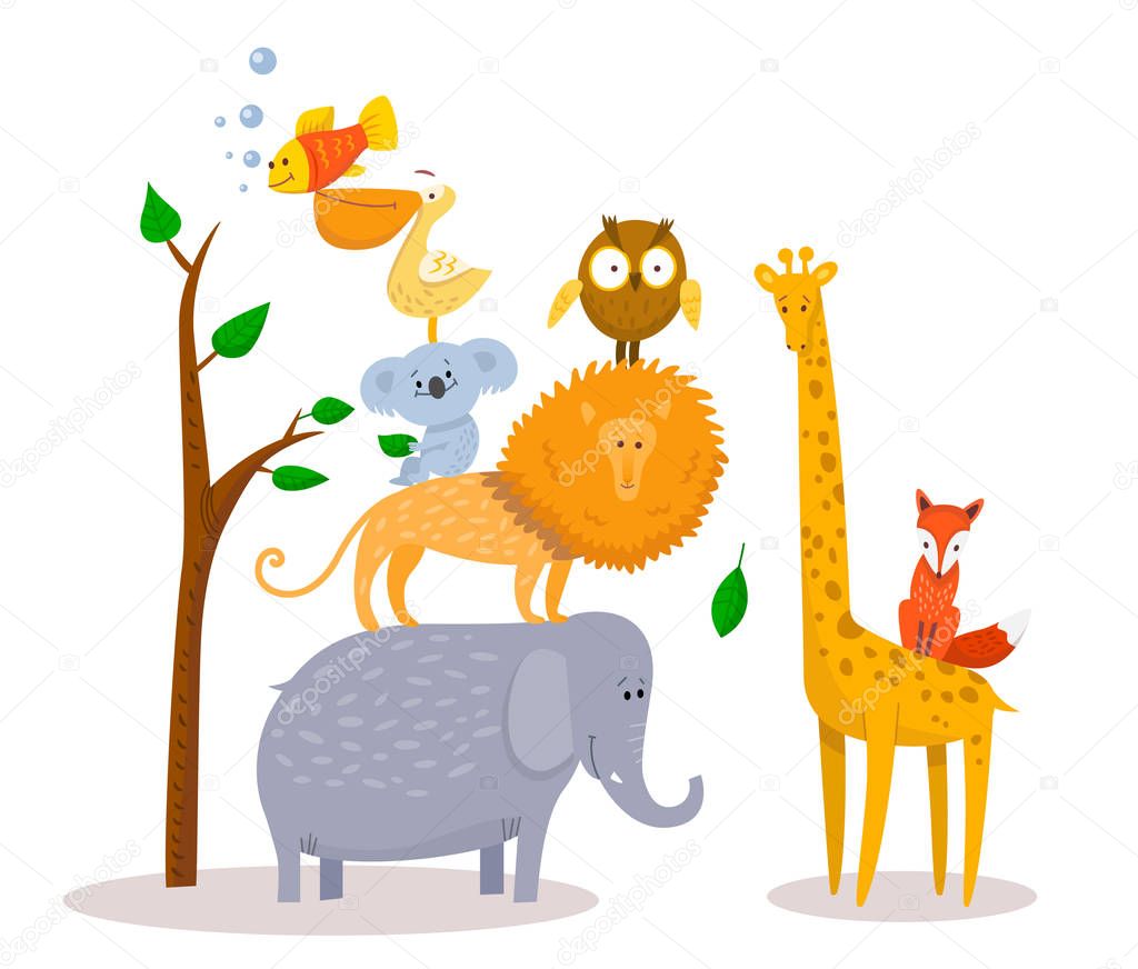 Cute funny cartoon animals Lion, giraffe, elephant, fox owl