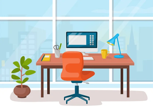 Lugar de trabajo, gabinete, oficina. Espacio de trabajo con mesa y ordenador — Vector de stock