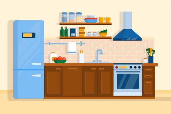 Interior Cocina Con Los Electrodomésticos Muebles Vector Sala Con Mesa