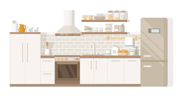 Cucina mobili per la casa tavolo, piano cottura e frigorifero — Vettoriale Stock