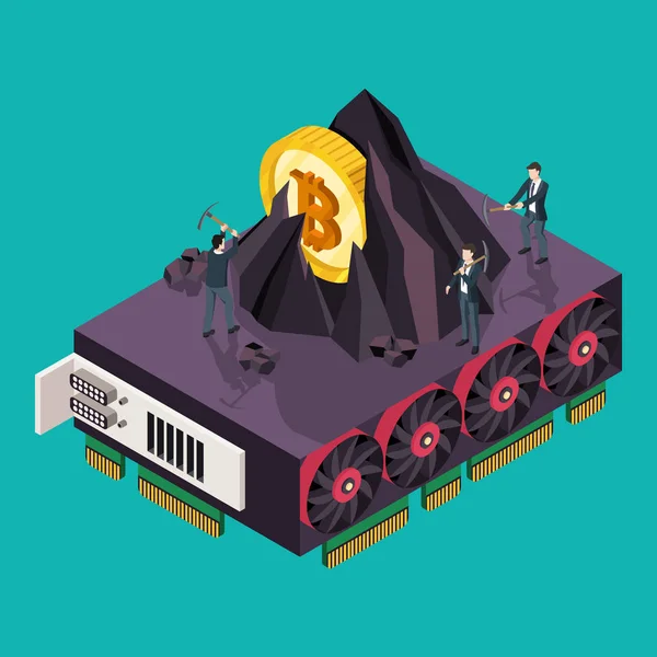 Concetto Bitcoin minerario GPU. Illustrazione vettoriale isometrica — Vettoriale Stock