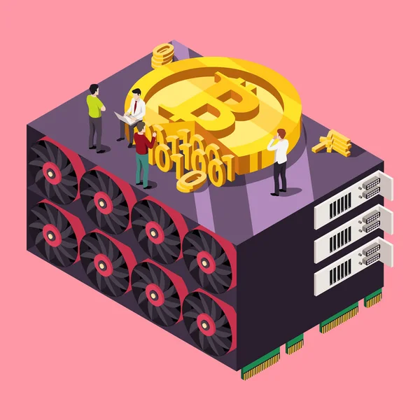 Concetto Bitcoin minerario GPU. Illustrazione vettoriale isometrica — Vettoriale Stock