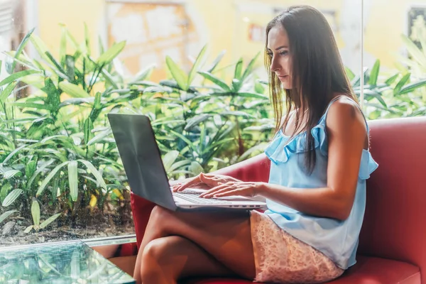 Retrato de jovem freelancer do sexo feminino trabalhando no laptop sentado no café — Fotografia de Stock