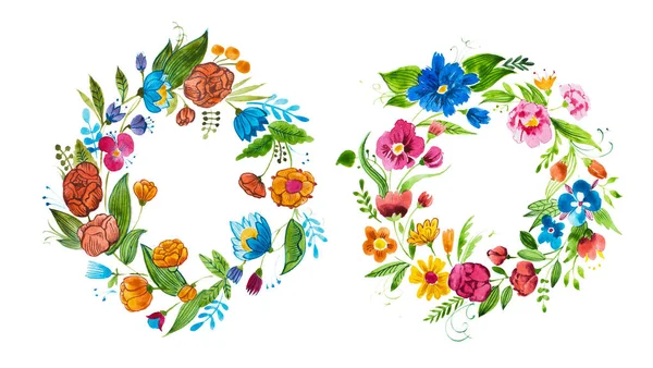 Aquarelle blommig komposition för kort design- eller dekorationssyfte element. Isolerade hand dras akvarell krans består av ljusa blommor och blad — Stockfoto