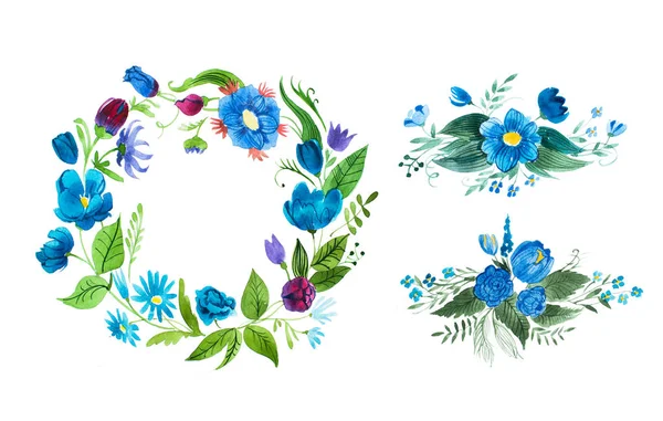 Aquarel bloemen krans gemaakt van blauwe veldbloemen geïsoleerd op witte achtergrond — Stockfoto