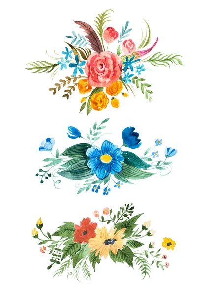 Aquarel boeket bloemen. Handgeschilderde decoratie element met rozen, forget-me-nots, globe-bloemen en bladeren — Stockfoto