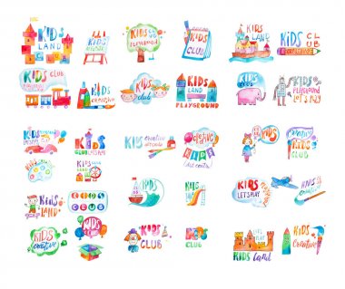 Çocuklar logo Şablonlar club veya promosyon sembolleri suluboya ile çizilmiş ayarla