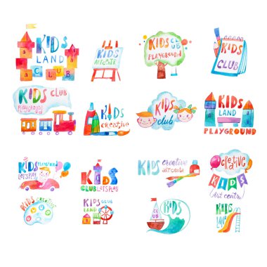 Suluboya promosyon semboller koleksiyonu ile kids club Bahçesi kaligrafi letterings.