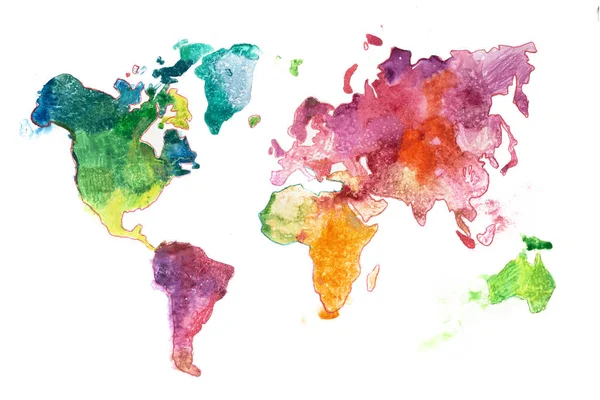 Watercolor mapa do mundo desenhado à mão. ilustração Aquarelle — Fotografia de Stock