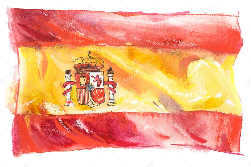 Spain, Spanish flag. Hand drawn watercolor illustration