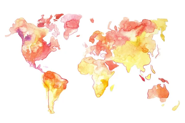 Mapa akwareli świata ręcznie rysowane czerwone żółte kolory. — Zdjęcie stockowe