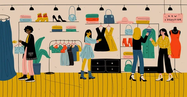 Gente comprando en tiendas minoristas, tiendas de ropa, boutique de moda — Vector de stock