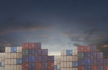 Cargo containers stack in port and sky sunset background. clipart