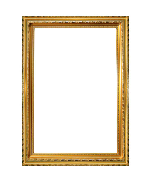 Gold wooden frame isolated on white background.