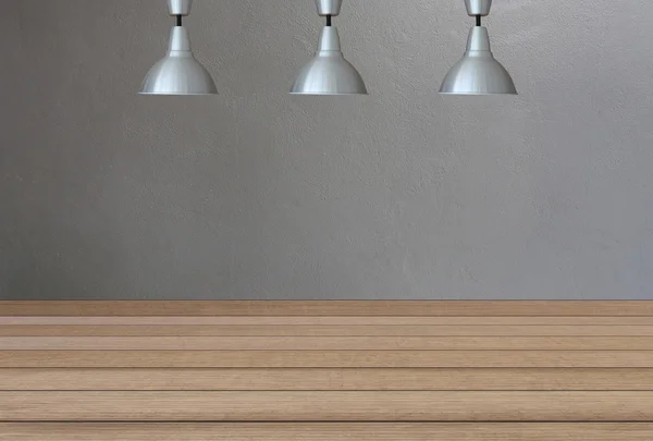 Silver lamps on the ceiling and a backdrop on a concrete wall wi