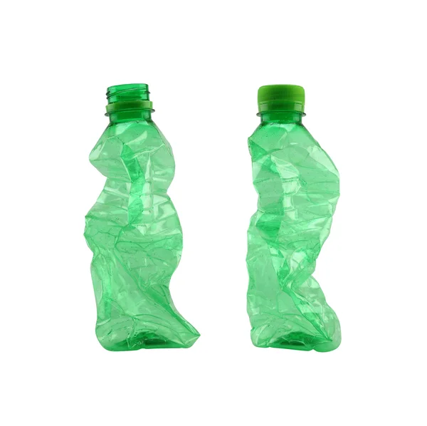 Green used plastic bottle isolated on white background. — Stock Photo, Image