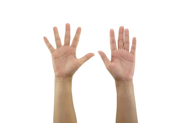 Wanita tangan membuat tanda dan mengulurkan dua tangan terisolasi pada b putih — Stok Foto