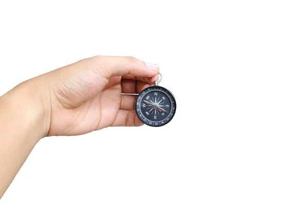 Hand of a man holding a compass on white background. Royalty Free Stock Photos