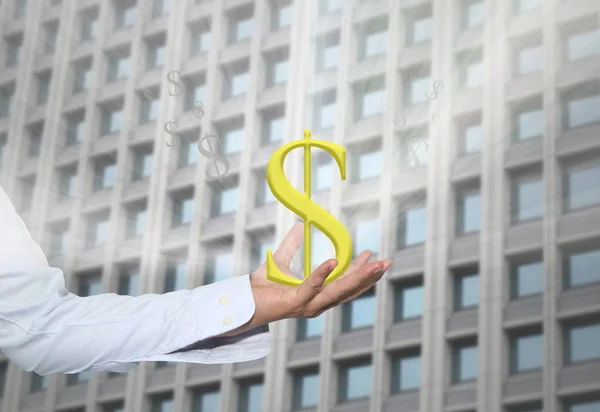 Symbol waluty dolar w biznesmen ręcznie i mają białe — Zdjęcie stockowe