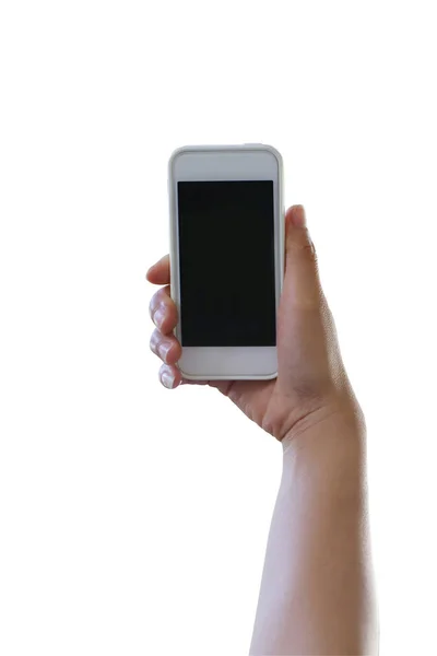 Hand av kvinna som håller en smartphone som isolerad på vit bakgrund. — Stockfoto