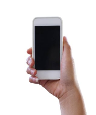 Beyaz arka plan üzerinde izole bir smartphone tutan kadın eli.
