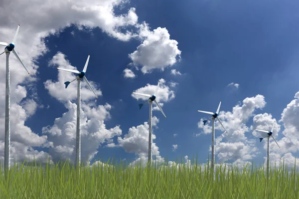 Wind turbines and green grass on blue sky background.