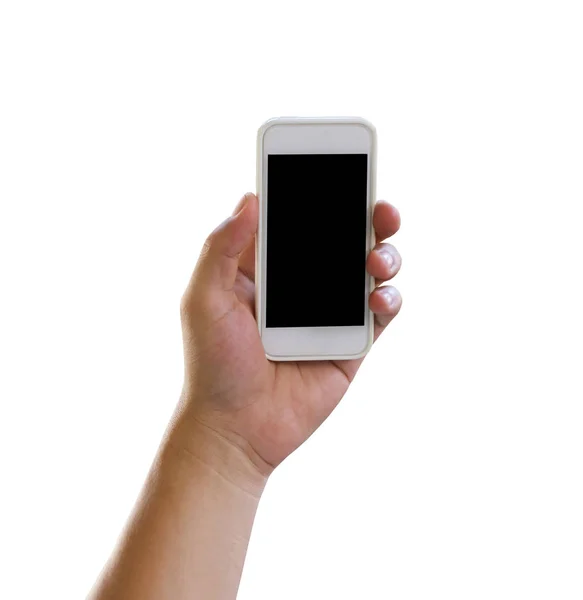 Handen om man håller en smartphone som isolerad på vit bakgrund. — Stockfoto