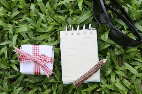 Weiße Geschenkschachtel und Notizpapier haben Holzstift auf grün platziert — Stockfoto