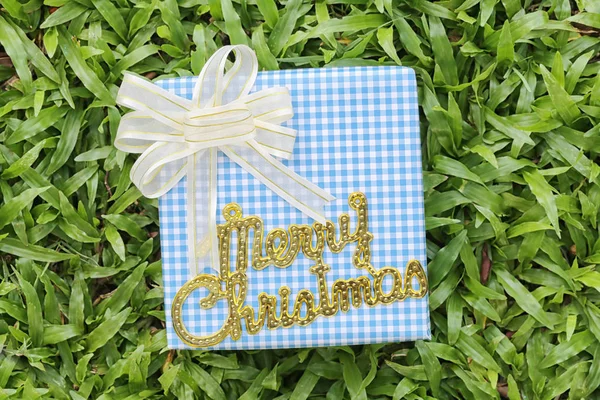 Caja de regalo azul en césped verde y texto de oro de Feliz Navidad . —  Fotos de Stock